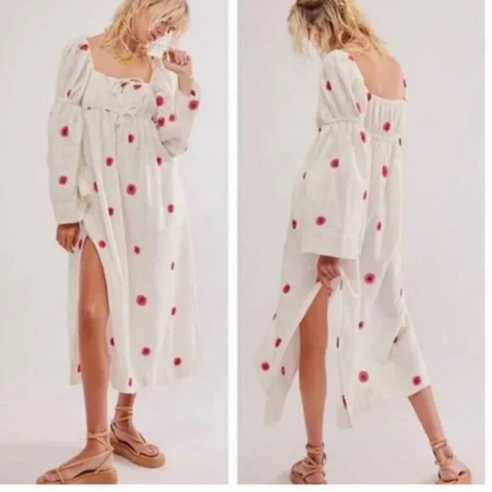 Free People Sunburst Embroidered Midi Dress Ivory NWT Medium Boho